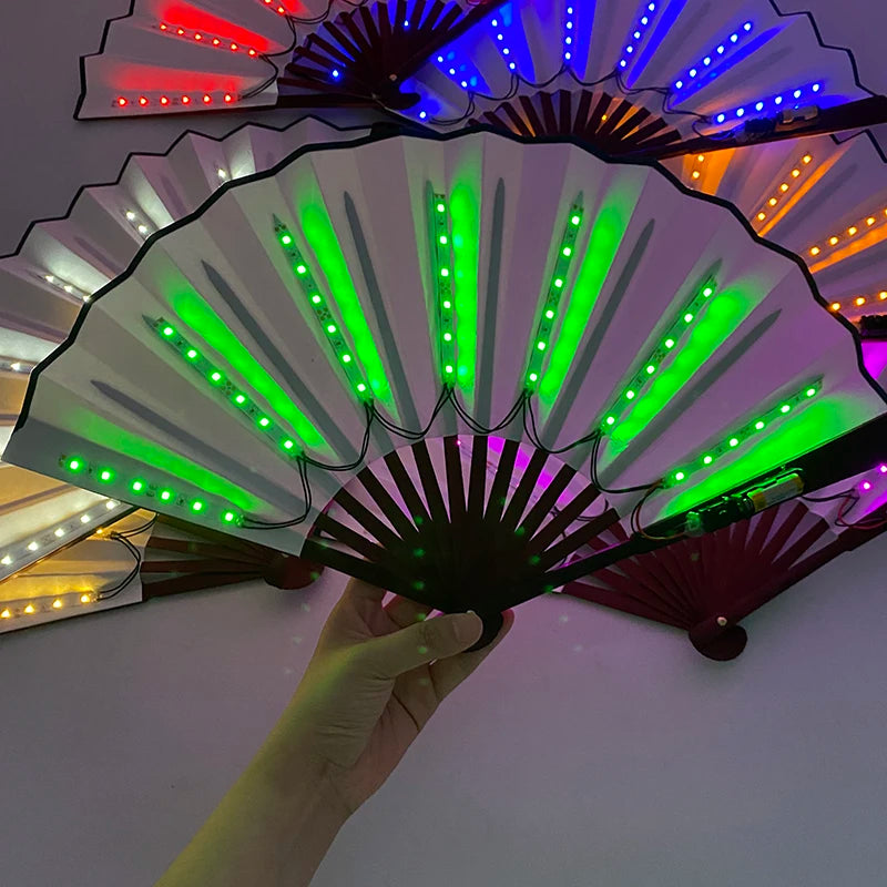 Ventilador de Mano Plegable con Luz LED – Ventilador Luminoso de 10 Pulgadas para Raves, Discotecas, Festivales y Fiestas