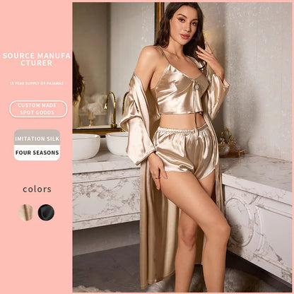 Women’s 3PCS Satin Pajama Set – Sexy Nightgown, Sling Dress & Robe Elegant Sleepwear Loungewear