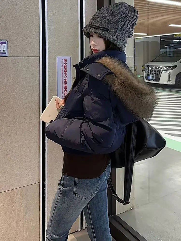Women's American Retro Hooded Cotton-Padded Winter Coat Faux Fur Collar Solid Color Warm Insulated Jacket Loose Fit Casual Outerwear