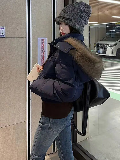 Women's American Retro Hooded Cotton-Padded Winter Coat Faux Fur Collar Solid Color Warm Insulated Jacket Loose Fit Casual Outerwear