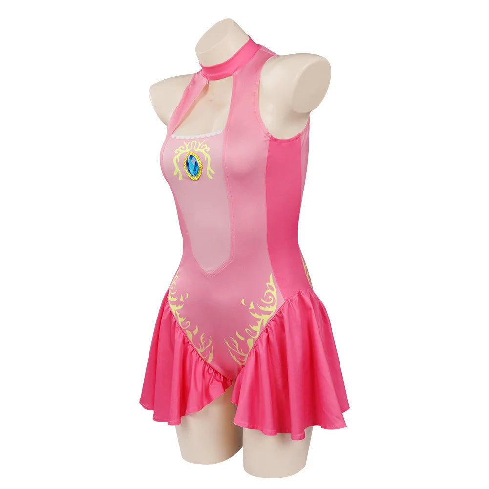 Princess Peach Cosplay Costume – Pink Fantasy Dress Set with Crown (Adult Women Halloween/Carnival Party Outfit, Includes Swimsuit Style Disguise)