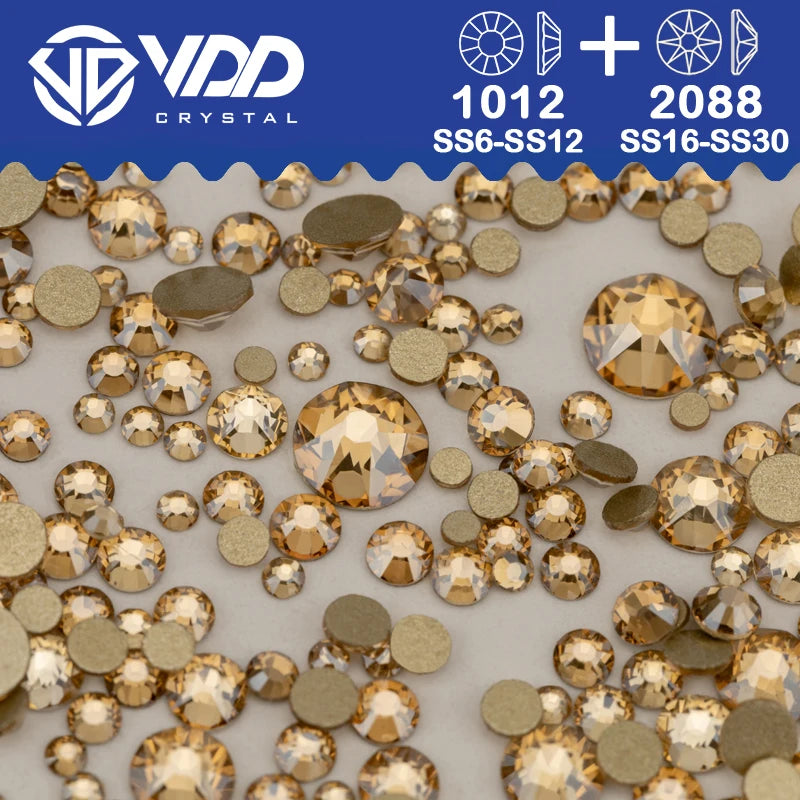 VDD Piedras Preciosas de Cristal Doradas de Fondo Plano – 2088 Cristales de Strass para Arte de Uñas, Manualidades y Decoraciones DIY