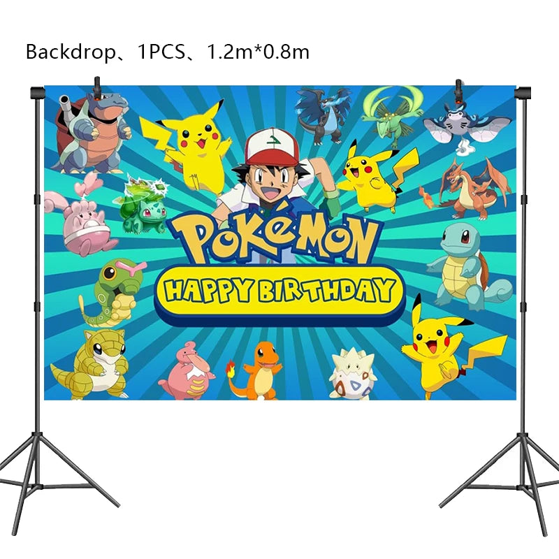 Pokémon Birthday Party Decorations – Lightning Pikachu Balloon Set with Disposable Tableware, Banner, Backdrop & Plates for Kids Events