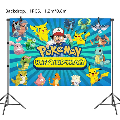 Pokémon Birthday Party Decorations – Lightning Pikachu Balloon Set with Disposable Tableware, Banner, Backdrop & Plates for Kids Events