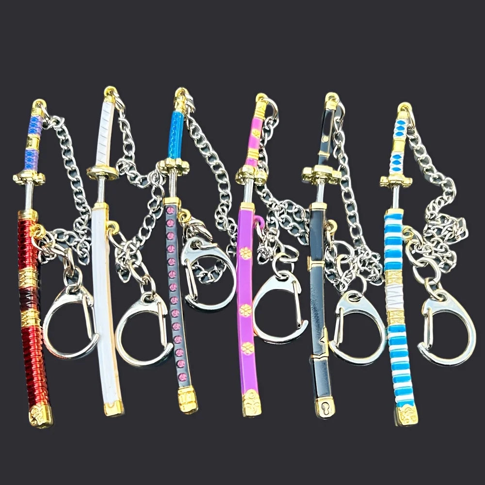 Set de 6 llaveros mini espada katana – Dijes coleccionables inspirados en animes y juegos de 3.54 pulgadas con vainas, genial regalo colgante para mochilas de hombres y niños