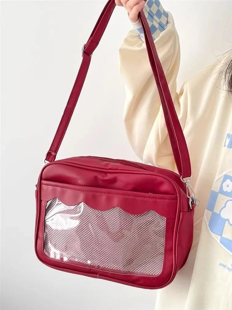 Bolso japonés Harajuku Ita – Bolso bandolera de piel sintética con bolsillo transparente para mujeres y estudiantes de secundaria, bolso de estilo uniforme JK, bolso de almacenamiento de moda Kawaii para coleccionistas y uso diario