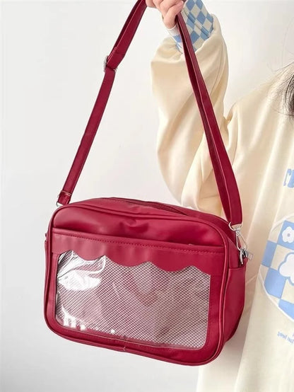 Bolso japonés Harajuku Ita – Bolso bandolera de piel sintética con bolsillo transparente para mujeres y estudiantes de secundaria, bolso de estilo uniforme JK, bolso de almacenamiento de moda Kawaii para coleccionistas y uso diario