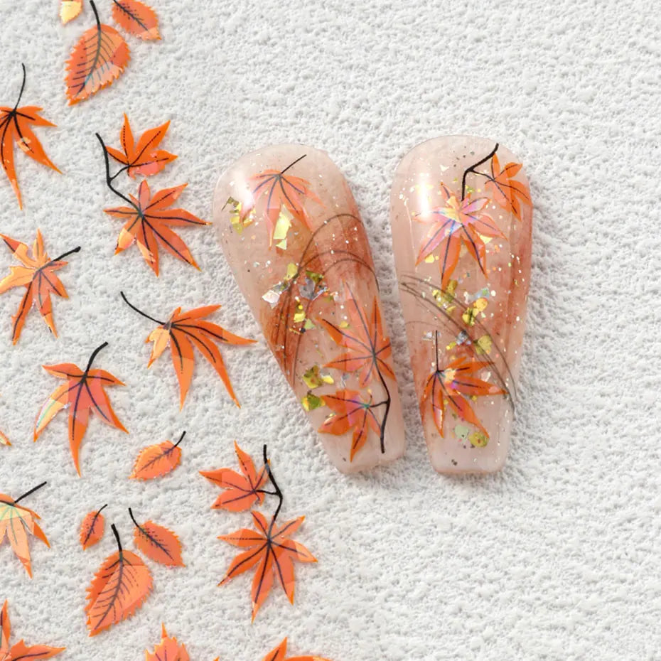 2pcs 3D Autumn Nail Stickers – Laser Maple Leaf Nail Art Decals for Fall Manicure Decoration