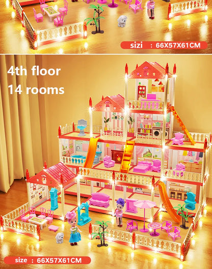 3D DIY Mini Princess Castle Villa Assembly Toy House with LED Lights – Creative Doll House Accessories Set, Girl Birthday Gift
