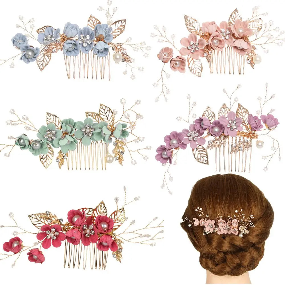 Luxury Floral Bridal Hair Comb with Gold Leaves – Crystal Wedding Hair Accessory for Brides & Prom