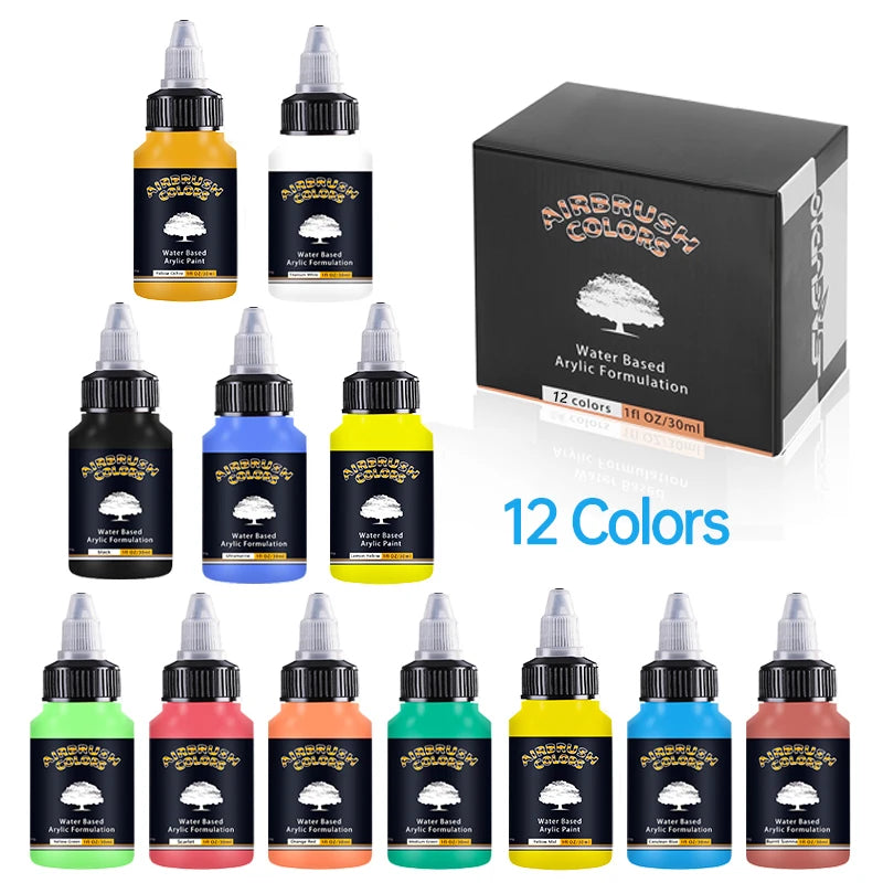 Airbrush Paint Set – 12/24 Colors Water-Based Acrylic Spray Paint (30ml) for DIY Nails, Model & Art Painting Kit