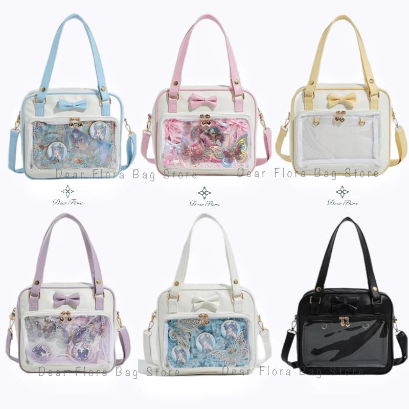 Bolso Y2K lindo con moño Ita – Bolso de hombro transparente para mujer y niña, bolso tote de exhibición de insignias DIY, bolso bandolera de moda Lolita con diseño de moño Kawaii