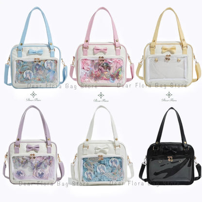 Bolso Y2K lindo con moño Ita – Bolso de hombro transparente para mujer y niña, bolso tote de exhibición de insignias DIY, bolso bandolera de moda Lolita con diseño de moño Kawaii