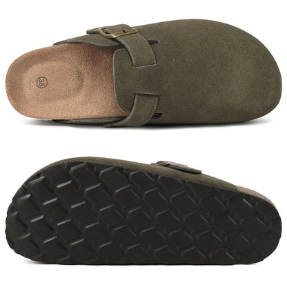 Kidmi Zuecos de ante de vaca para mujer y hombre, mules con plantilla de corcho, correa ajustable y soporte para el arco del pie
