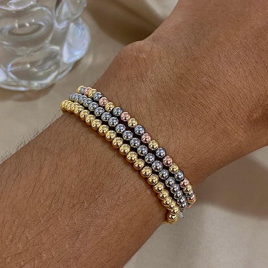 Pulsera de cuentas de acero inoxidable Greatera – Pulsera de cadena elástica tricolor bañada en oro de 3/4 mm para mujer | Regalo de joyería de moda impermeable