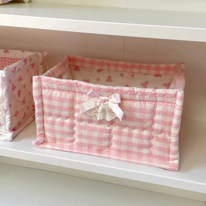 Cute Quilted Lace Storage Basket – Korean Desktop Organizer Bin for Cosmetics, Toys, Sundries & Home Décor