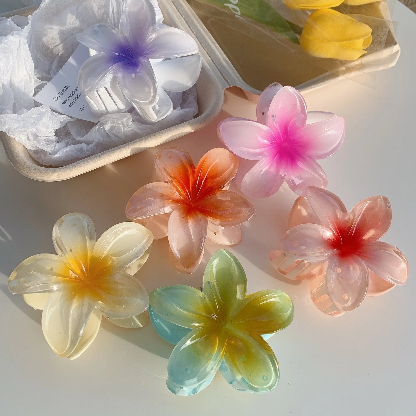 Pinzas de pelo hawaianas con diseño floral degradado – Pasadores grandes florales tropicales para mujer | Accesorios de moda para el pelo para vacaciones en la playa
