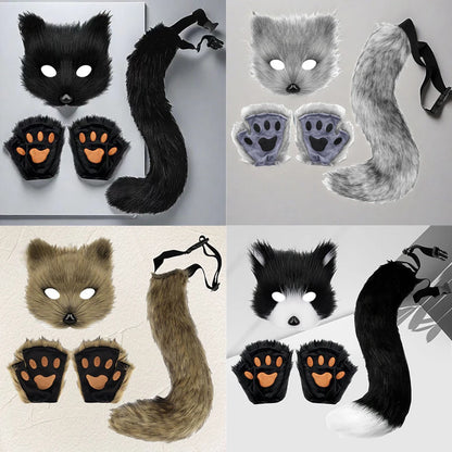 Halloween Fox Cosplay Costume Accessories Set, Animal Fox Mask, Tail and Gloves, Cute Fancy Dress-Up Props for Carnival, Masquerade, Themed Parties, and Halloween Costumes