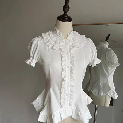 Blusa de mujer de encaje de manga corta estilo lolita japonés 2026, dulce, linda, ajustada, informal, a la moda, para uso diario