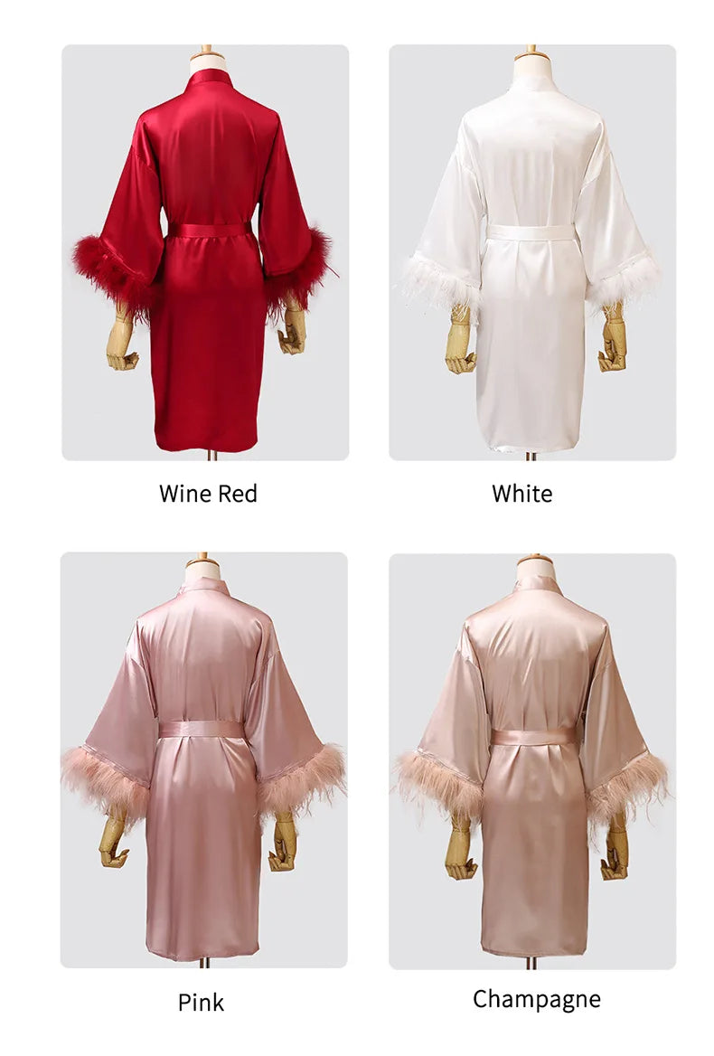 Women’s Feather Satin Robe – Bride Bridesmaid Wedding Kimono Bathrobe V-Neck Nightgown Lingerie