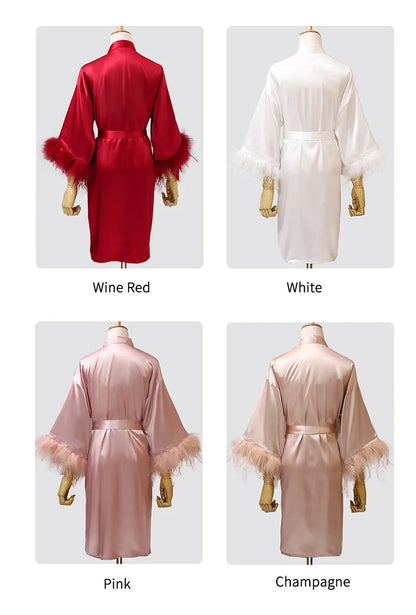 Women’s Feather Satin Robe – Bride Bridesmaid Wedding Kimono Bathrobe V-Neck Nightgown Lingerie