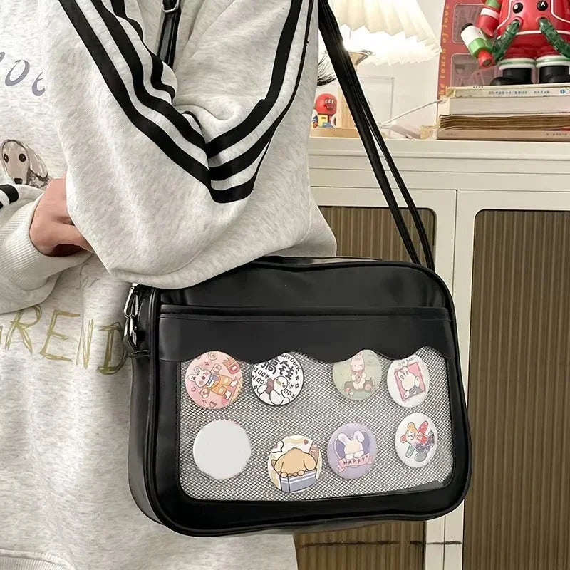 Bolso japonés Harajuku Ita – Bolso bandolera de piel sintética con bolsillo transparente para mujeres y estudiantes de secundaria, bolso de estilo uniforme JK, bolso de almacenamiento de moda Kawaii para coleccionistas y uso diario