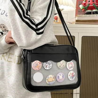 Bolso japonés Harajuku Ita – Bolso bandolera de piel sintética con bolsillo transparente para mujeres y estudiantes de secundaria, bolso de estilo uniforme JK, bolso de almacenamiento de moda Kawaii para coleccionistas y uso diario