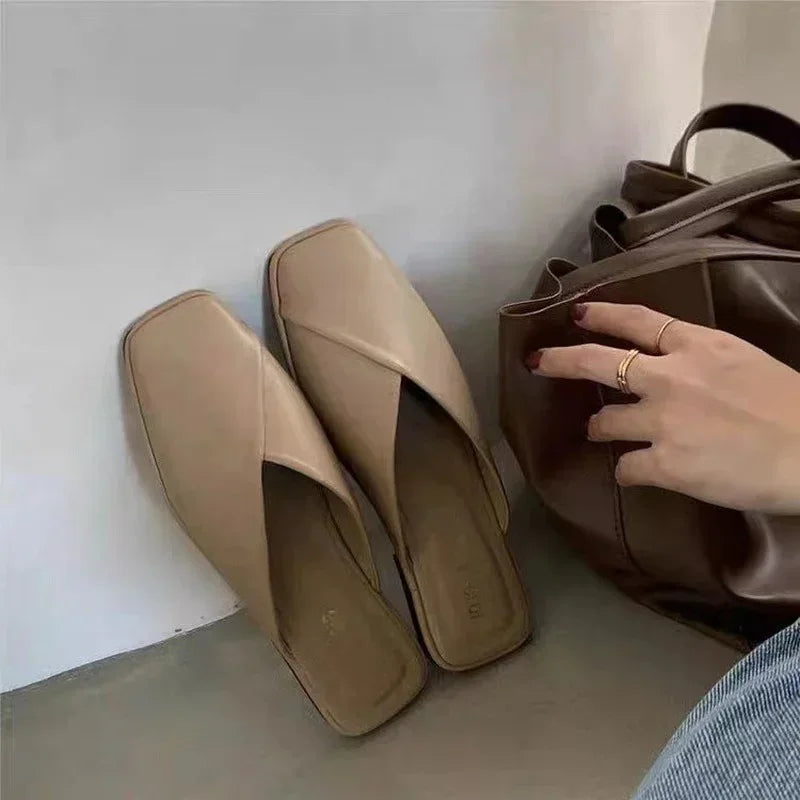 Women's Square Toe Flat Sandals Casual Slip-On Mules Outdoor Walking Slides