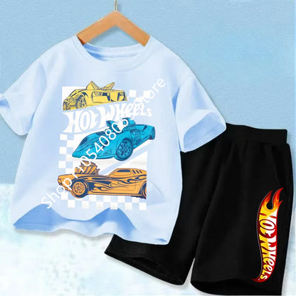 Conjunto de camiseta y pantalón corto de coche de carreras para niños, mezcla de algodón, atuendo de verano para niños y niñas