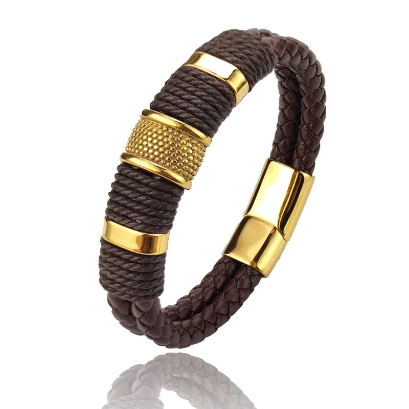 Luxury Vintage Leather Bracelet for Men – Multi-Layer Brown Leather & Stainless Steel Bead Wrist Bangle | Fashion Jewelry Gift