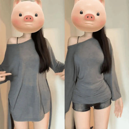 Women’s See Through Long Sleeve Oversize T-Shirt Sexy Back Bandage Off Shoulder Basic Long Tee Korean Chic