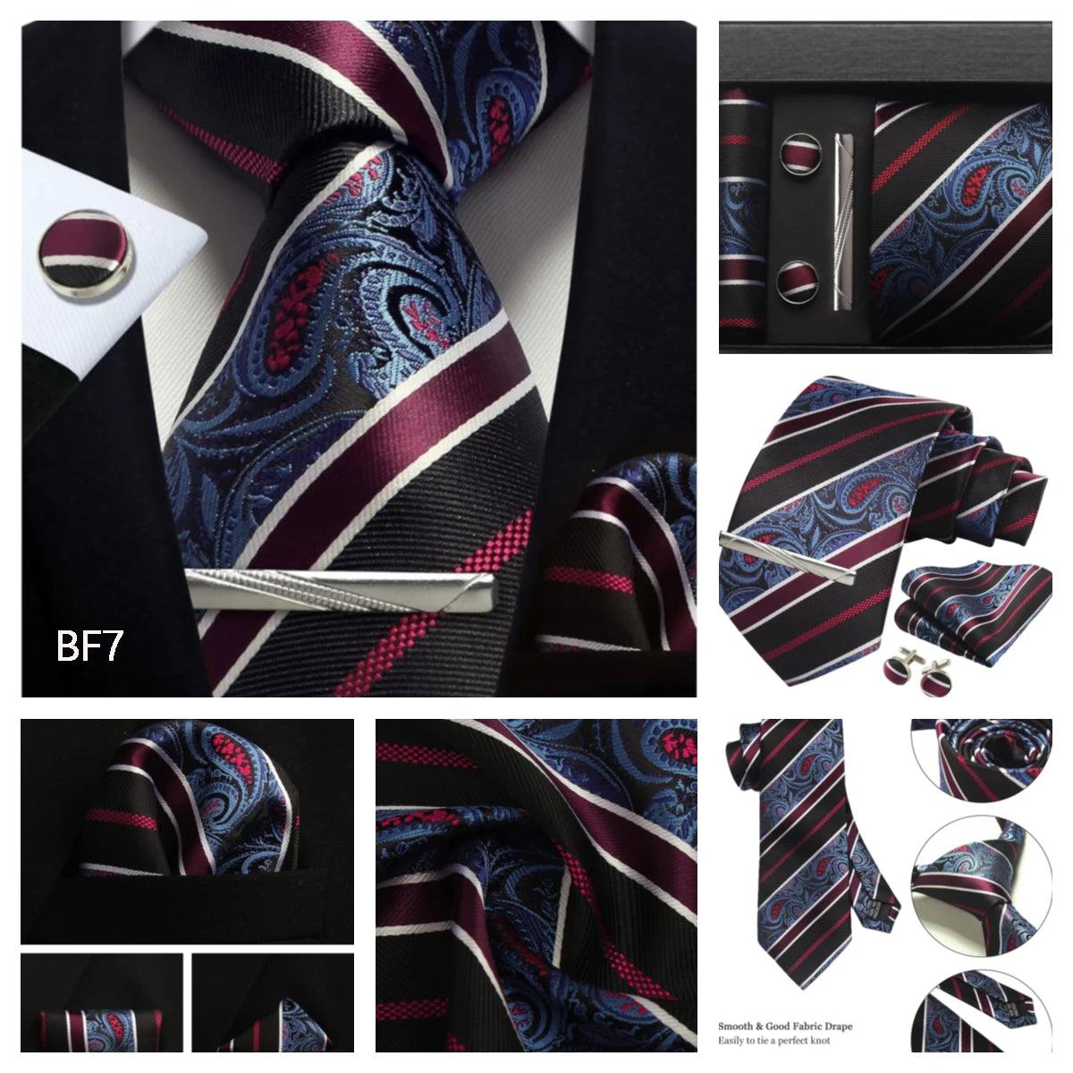 Corbata de seda 100% con diseño floral de Paisley para hombre con pañuelo de bolsillo, pasador de corbata y gemelos en caja de regalo