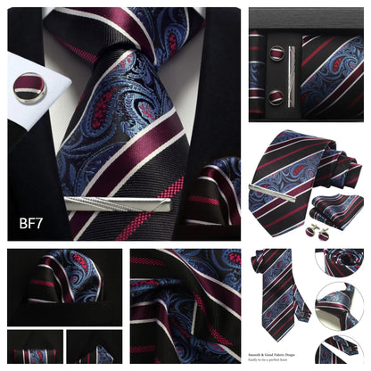 Corbata de seda 100% con diseño floral de Paisley para hombre con pañuelo de bolsillo, pasador de corbata y gemelos en caja de regalo