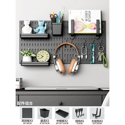 Organizador de pared de tablero perforado sin taladros – Panel de almacenamiento modular con estantes y accesorios para cocina, baño y sala de juegos