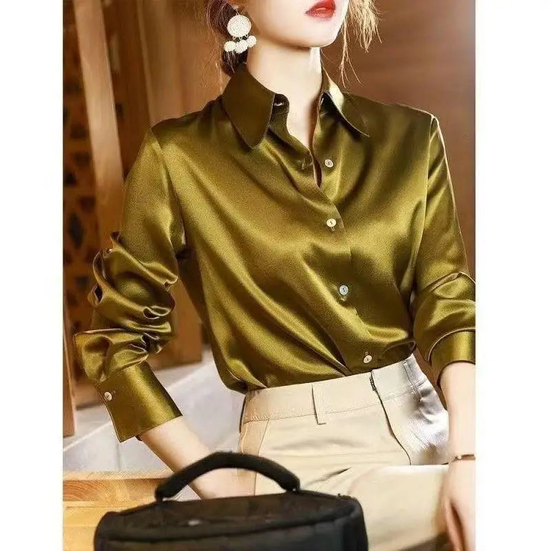 Chemisier en Soie Satinée à Manches Longues pour Femme – Chemise de Bureau Élégante Ample Boutonnée, Haut de Travail Professionnel d'Automne