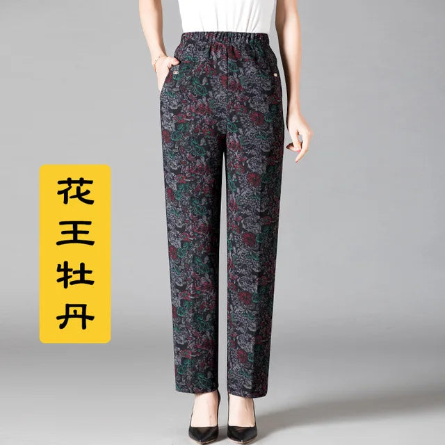 8XL Plus Size Women's Winter Pants – Printed Elastic High-Waist Velvet Trousers, Warm Straight-Leg Casual Oversized Fit