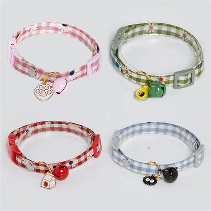 Cute Avocado Cat Collar – Adjustable Plaid Pet Collar with Bell & Candy Avocado Pendant, Cartoon Necklace for Cats & Small Dogs