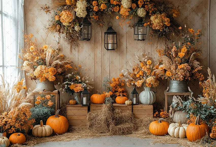 Mehofond Fall Autumn Harvest Photography Backdrop – Rustic Barn Hay & Pumpkin Background for Kids’ Birthday, Portrait, Photo Studio & Party Decor