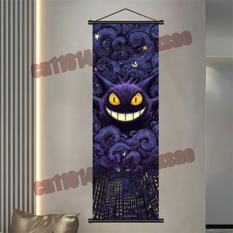 Pokémon Anime Wall Poster – Gengar Eevee Pikachu Scroll Painting Retro Canvas Artwork for Home Decor