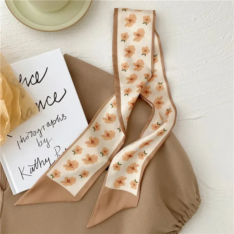 Khaki Nude Silk Scarf Hair Band – Vintage Satin Ribbon Bow Hair Accessory for Women | Elegant Fashion Hair Tie