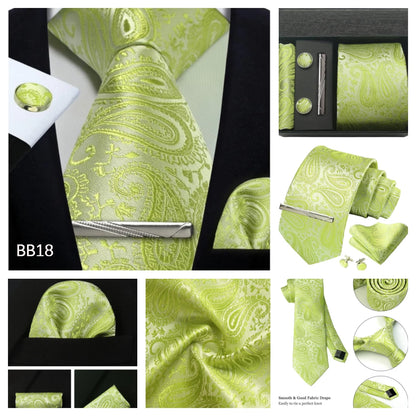 Corbata de seda 100% con diseño floral de Paisley para hombre con pañuelo de bolsillo, pasador de corbata y gemelos en caja de regalo