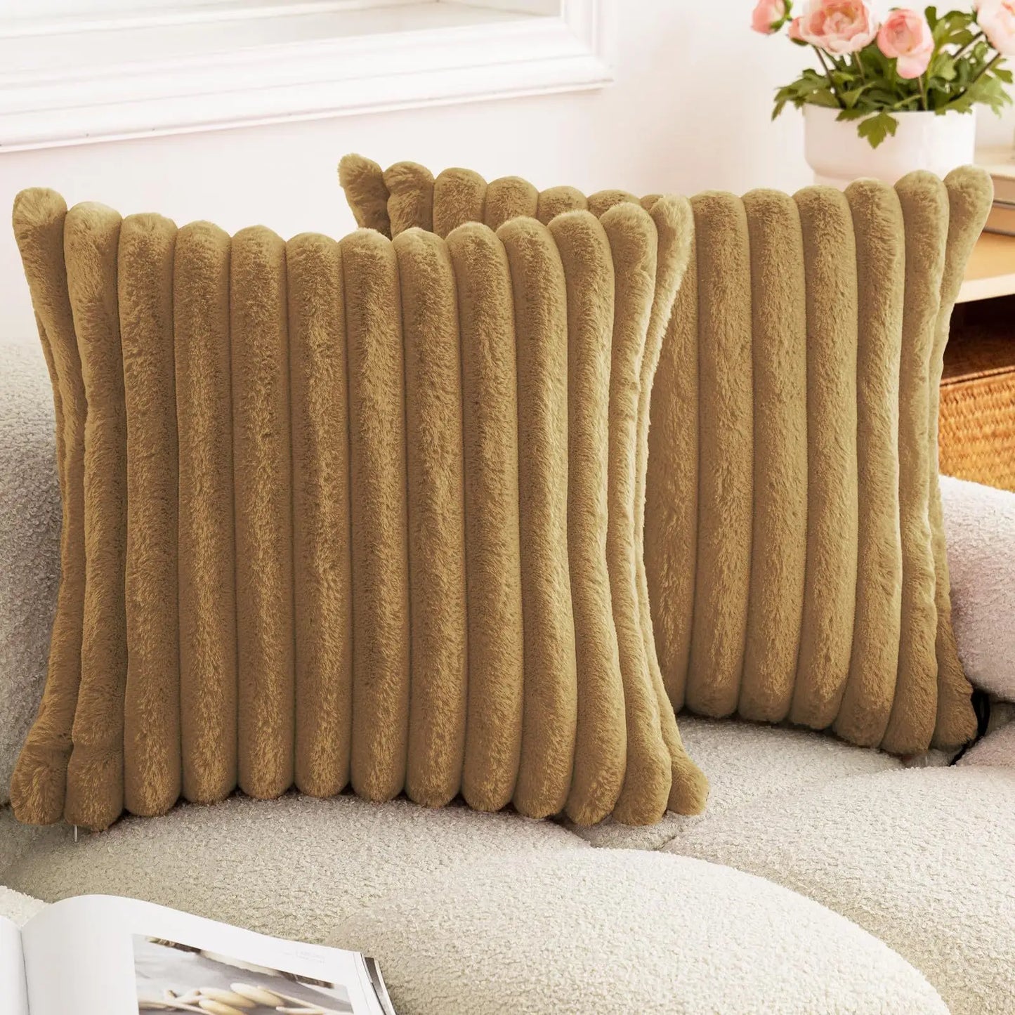 Faux Rabbit Fur Throw Pillow Cover - Ultra Soft Striped Decorative Cushion Cover for Sofa, Bed & Living Room (40x40 & 45x45 cm)