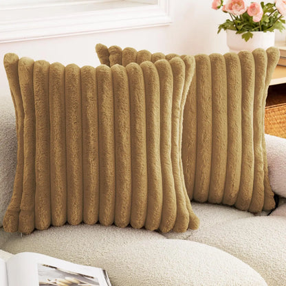 Faux Rabbit Fur Throw Pillow Cover - Ultra Soft Striped Decorative Cushion Cover for Sofa, Bed & Living Room (40x40 & 45x45 cm)