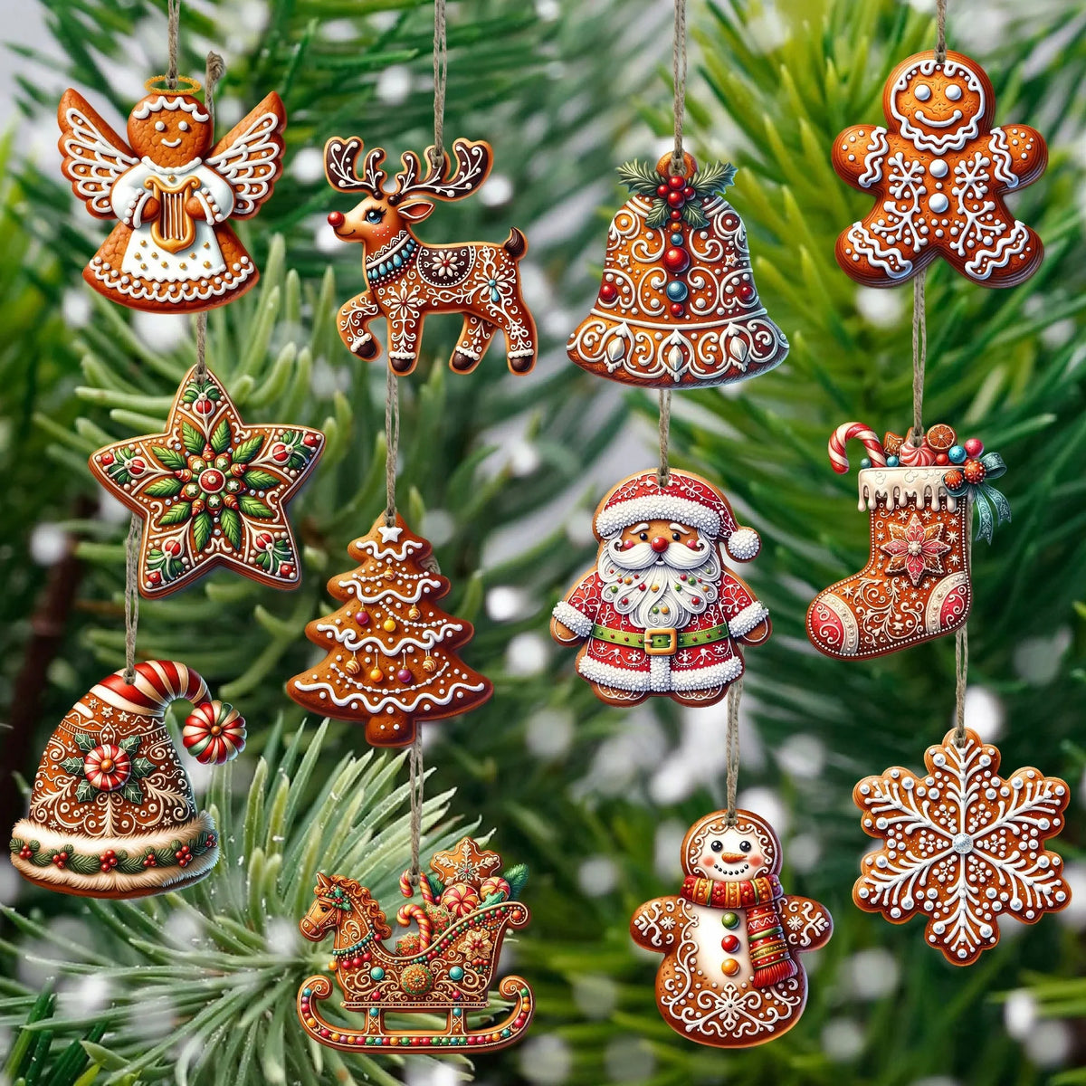 12PCS Wooden Christmas Tree Ornaments – Gingerbread, Santa Claus & Snowman Hanging Decorations for Xmas, New Year & Holiday Home Decor