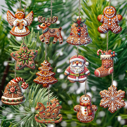 12PCS Wooden Christmas Tree Ornaments – Gingerbread, Santa Claus & Snowman Hanging Decorations for Xmas, New Year & Holiday Home Decor