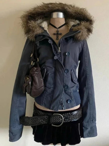 Women’s Harajuku Vintage Safari Jacket – Hooded Zip-Up Sweatshirt, Y2K Grunge Streetwear Coat with Stand Collar