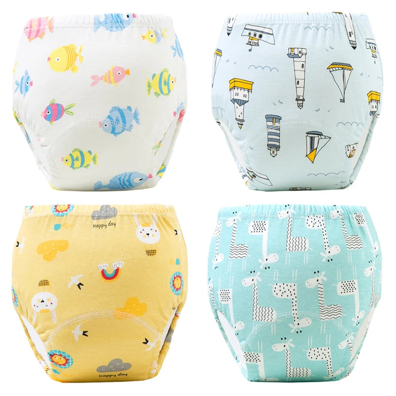 Culottes d'apprentissage de la propreté imperméables réutilisables (lot de 4) – Sous-vêtements d'entraînement en coton doux pour bébés garçons et filles avec protection anti-fuites