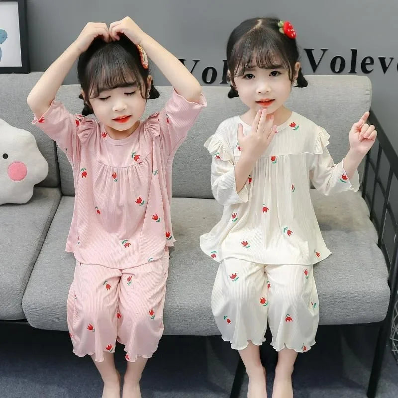 Conjunto de pijama para niños – Atuendo de dormir estampado de flores para bebés y niñas para las cuatro estaciones | Conjunto cómodo de ropa y de casa para niños