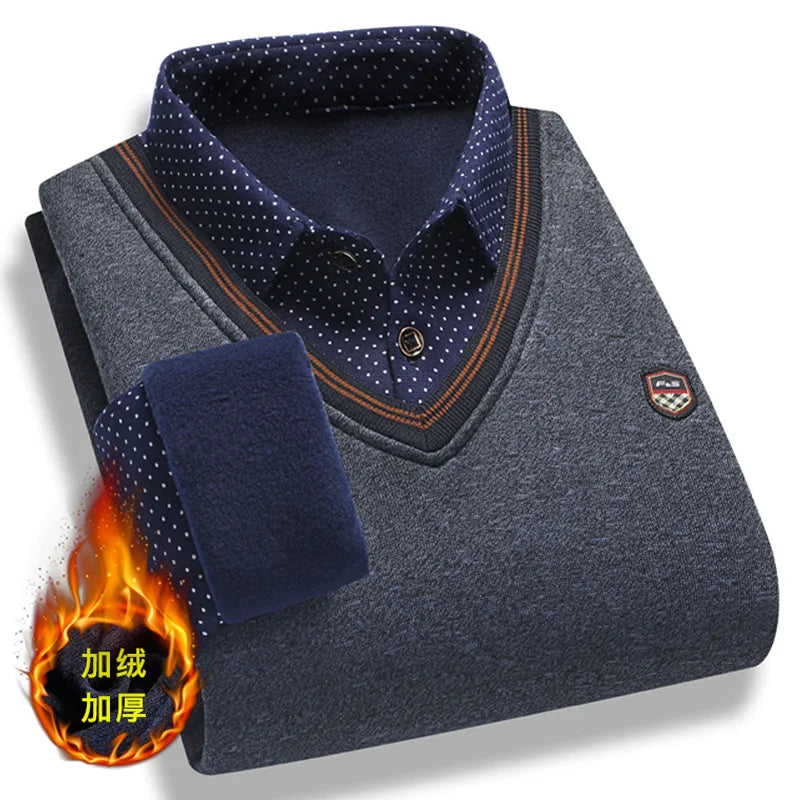 Men’s Fleece Polo Sweater – Long Sleeve Collared Pullover, Warm Knitted Top for Vintage Smart Casual Autumn & Winter Wear