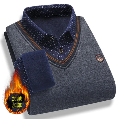 Men’s Fleece Polo Sweater – Long Sleeve Collared Pullover, Warm Knitted Top for Vintage Smart Casual Autumn & Winter Wear